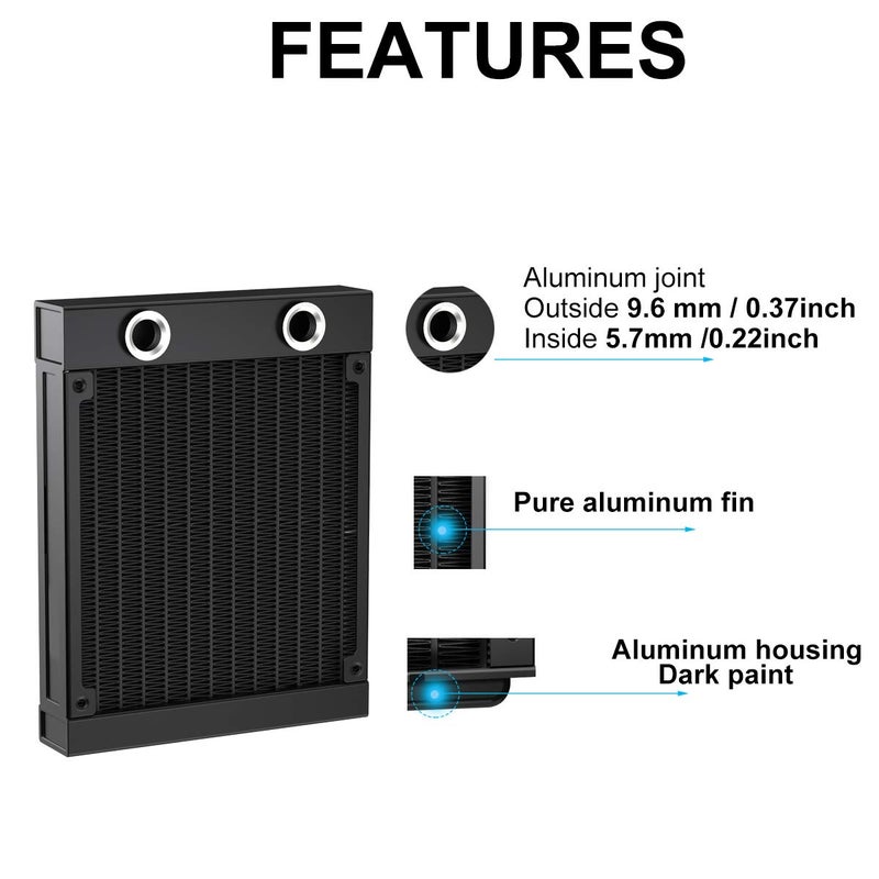 CLYXGS 120mm Black Aluminum Water Cooling Radiator, 12 Pipe G1/4 Thread Heat Exchanger for PC CPU Cooling System - Image 3